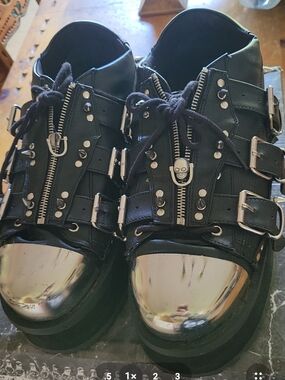 Gothic Black Leather Platform Shoes with Metallic Cap Toe